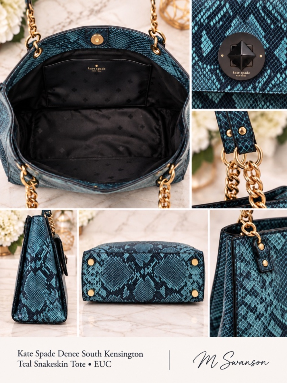 Kate Spade Denee South Kensington Teal Snakeskin Leather Tote Shoulder Bag - Picture 15 of 15